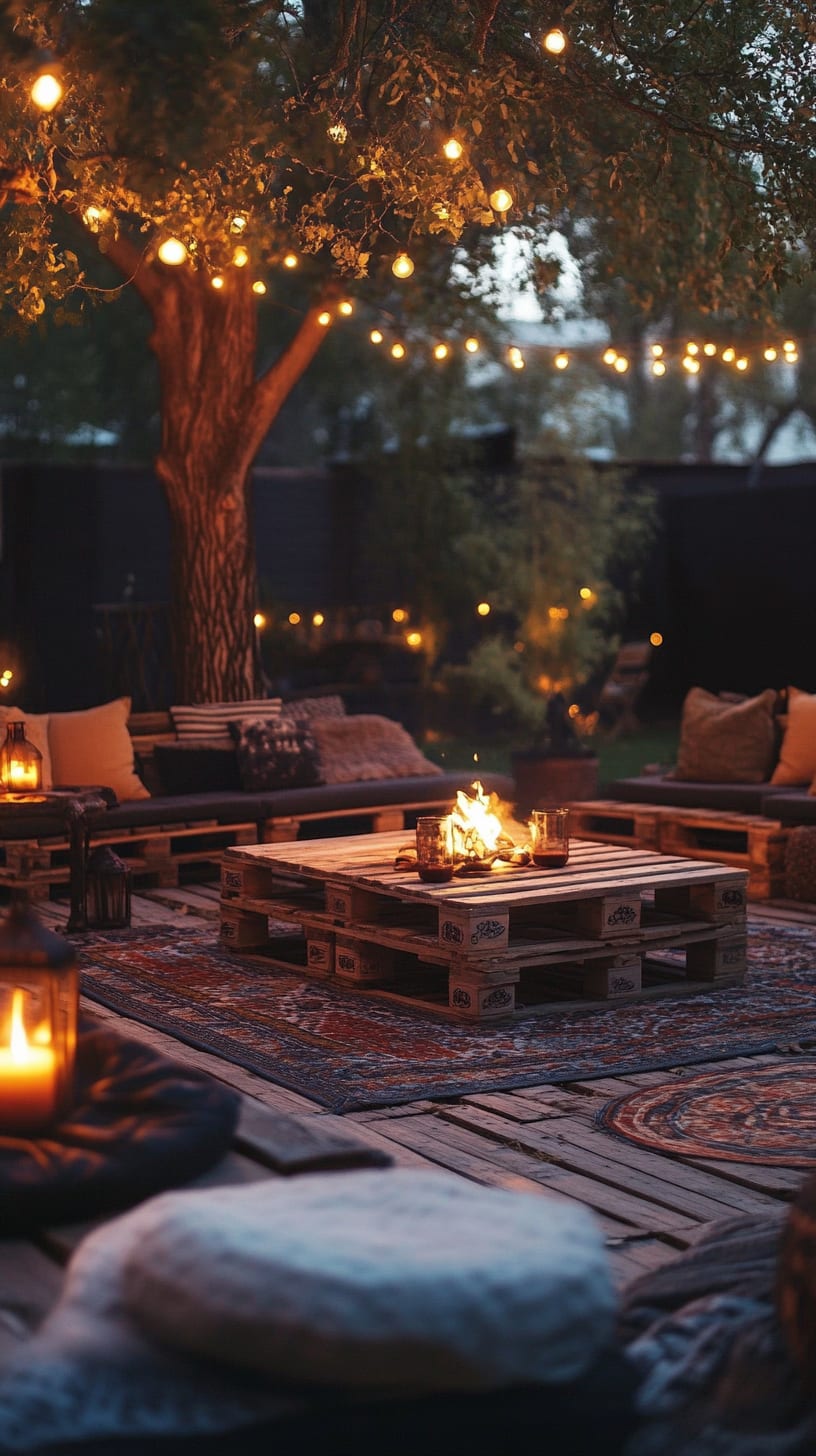 A cozy outdoor seating area with wooden pallets, comfortable cushions, and string lights, featuring a fire pit surrounded by a warm and inviting atmosphere for socializing at night.