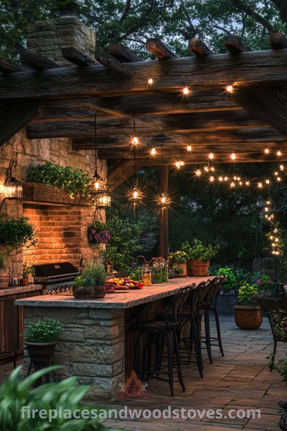 Charming covered patio kitchen on fireplacesandwoodstoves.com, showcasing a rustic outdoor kitchen, grilling area, cozy dining ideas, and designs for an inviting backyard cooking experience.