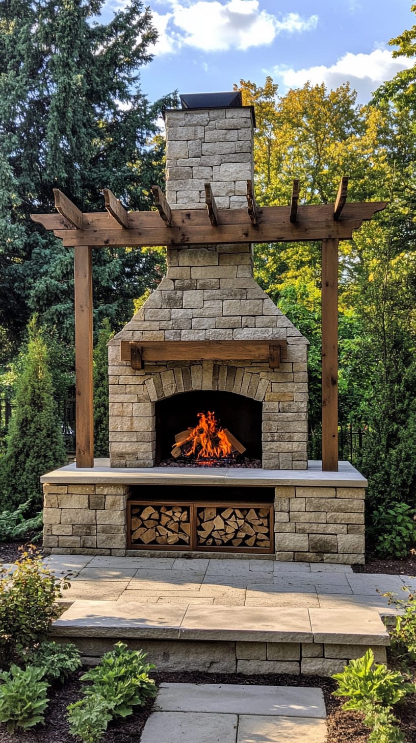An inviting outdoor fireplace made of natural stone and wood, featuring an arbor with firewood storage, set against a lush garden backdrop.