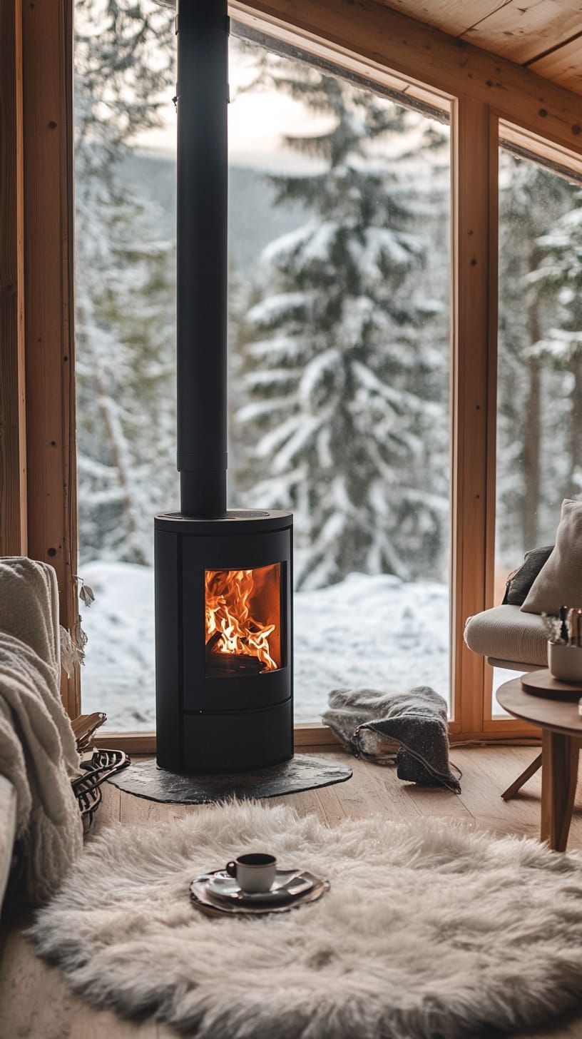 A modern wood stove in a cozy Scandinavian cabin with a snowy forest view, surrounded by a fluffy rug and warm lighting.