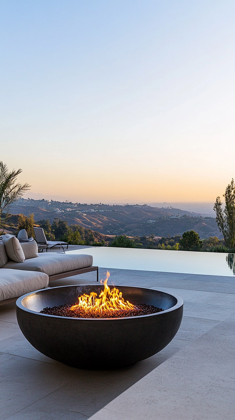 A modern fire pit on a luxurious patio in California, surrounded by elegant outdoor furniture and offering stunning sunset views over rolling hills.