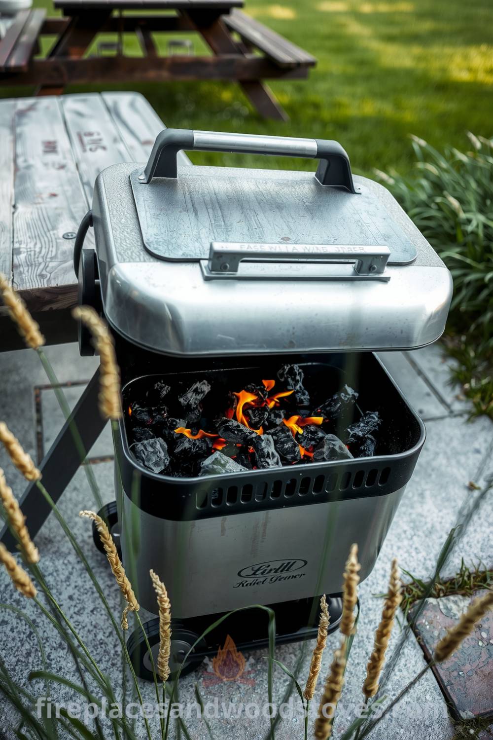 Sturdy outdoor barbecue on a concrete patio with glowing charcoal embers, sizzling food, weathered picnic table, and tall grass creating a cozy outdoor scene, perfect for family gatherings. Visit fireplacesandwoodstoves.com for unique decor ideas and inspirations for your home.