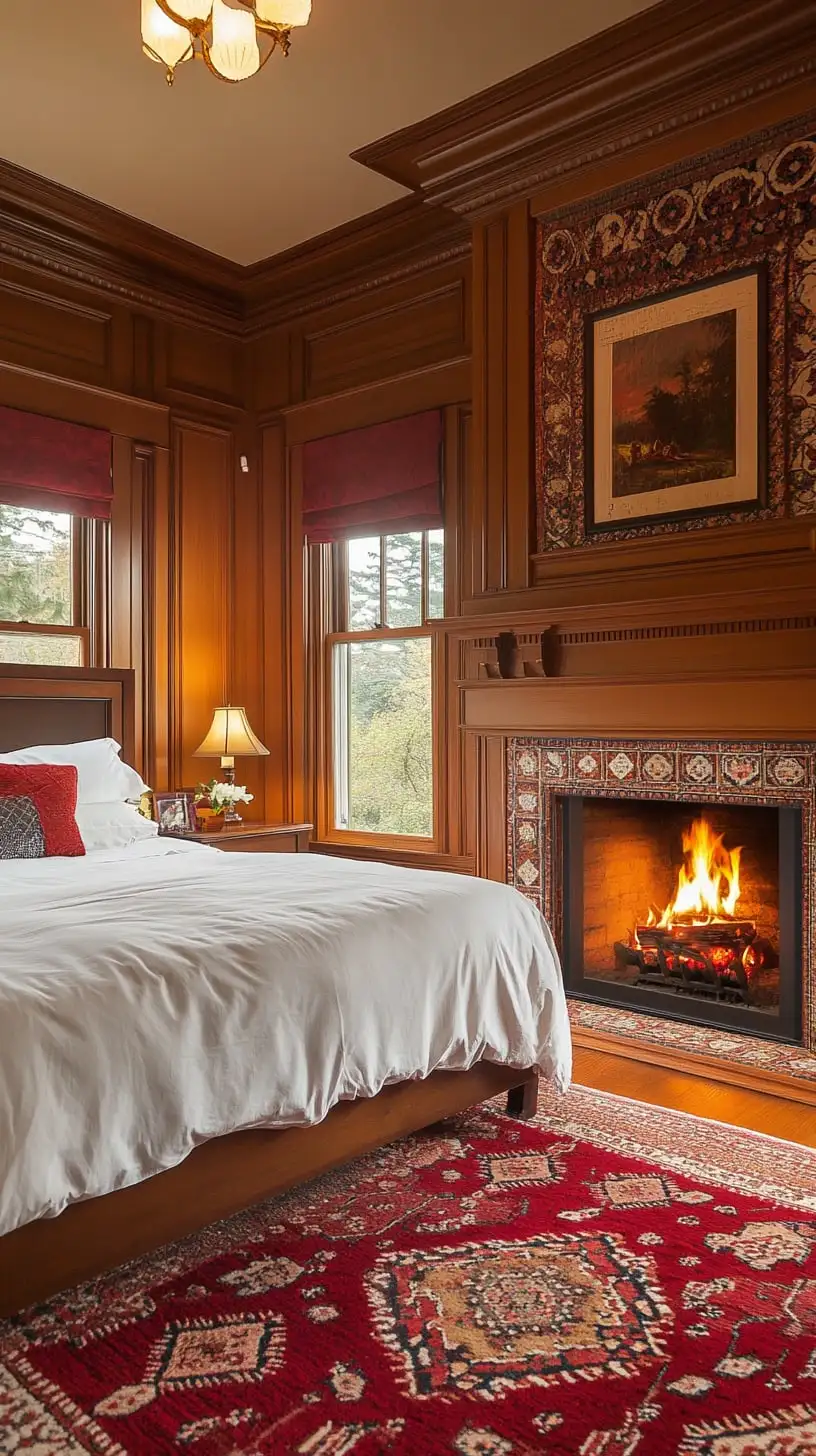 A cozy Victorian-style bedroom featuring wood paneling, a fireplace, large windows, and a beautiful red patterned rug that creates an inviting atmosphere.