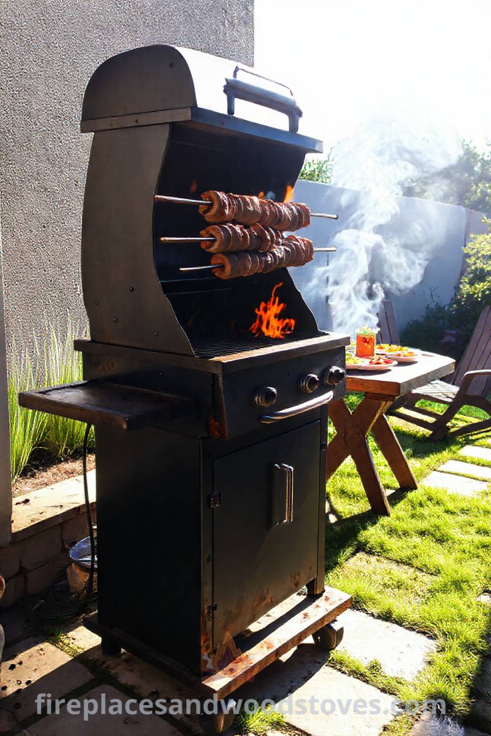 Outdoor grill setup with a gleaming rotisserie in a sun-drenched backyard, surrounded by colorful platters and deck chairs, creating a cozy gathering spot for friends and family. Visit patioandhomefurniture.com for stylish outdoor inspiration and incredible ideas for transforming your backyard.
