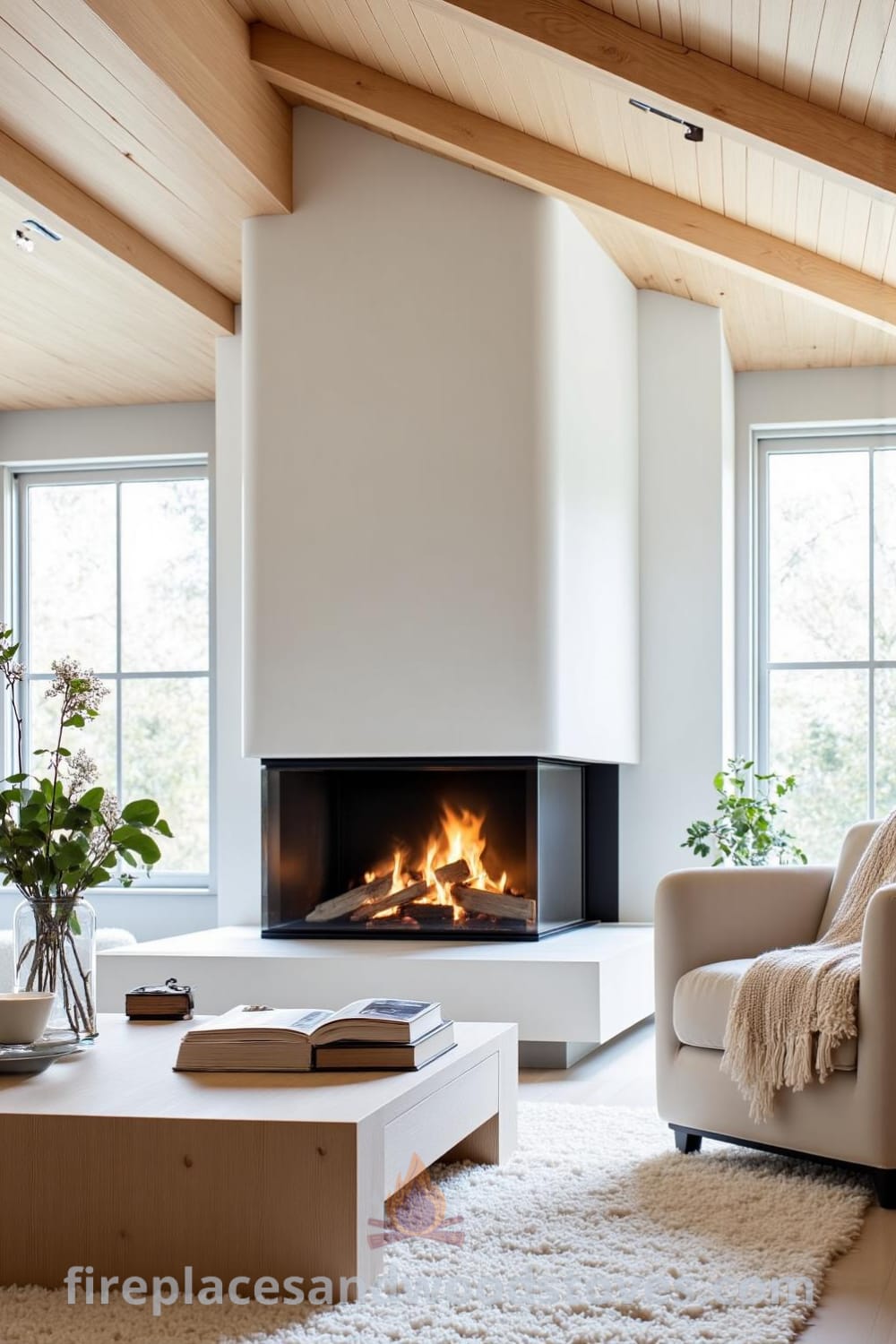 Scandinavian whitewashed fireplace in a sunlit living room with light wooden ceiling beams, flickering flames, a plush wool rug, an oversized armchair with a knitted throw, and well-worn books on a low coffee table, creating cozy home decor ideas at fireplacesandwoodstoves.com.