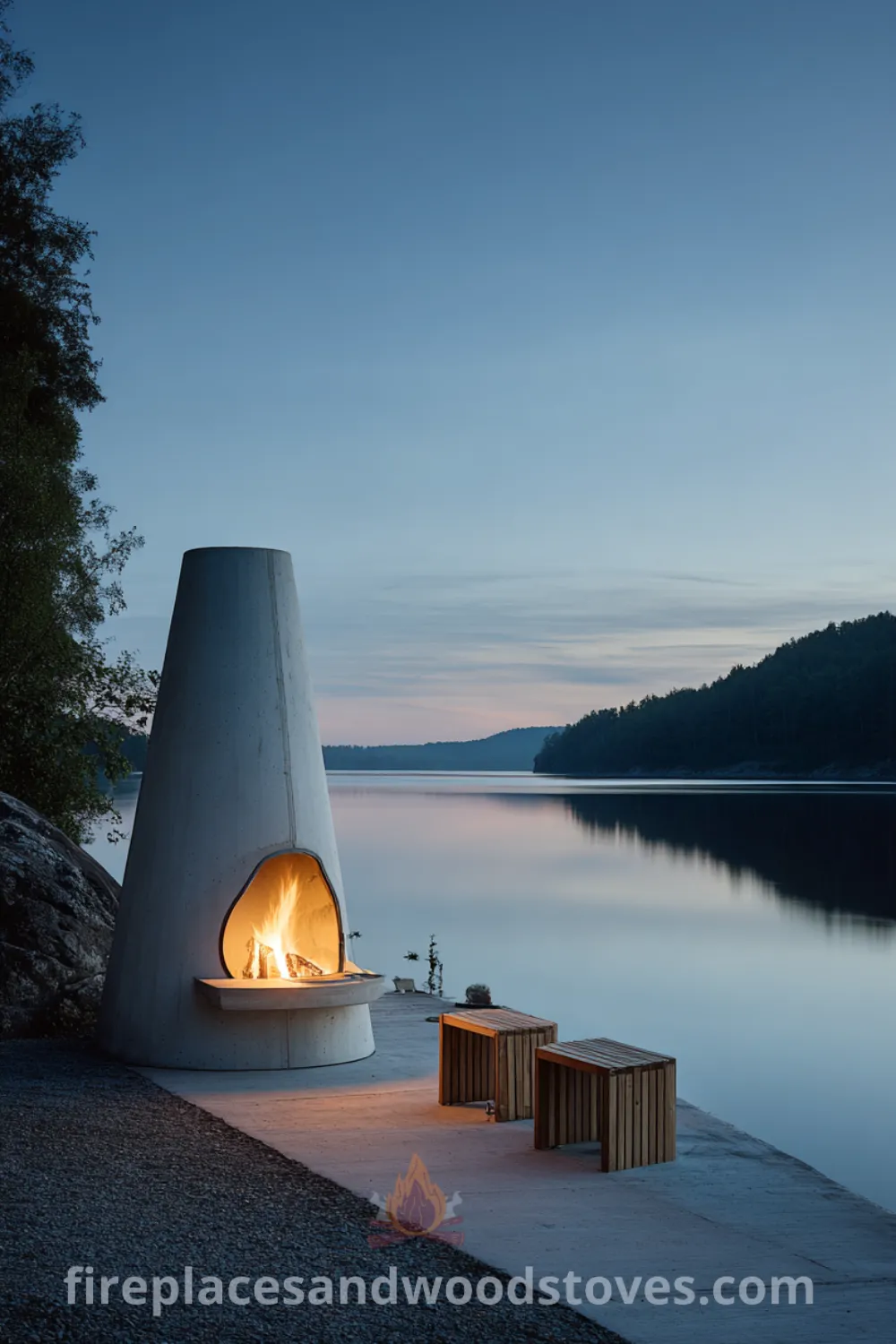 Scandinavian outdoor fireplace with light gray concrete, glass shield, and natural wood seating by the lakeside.