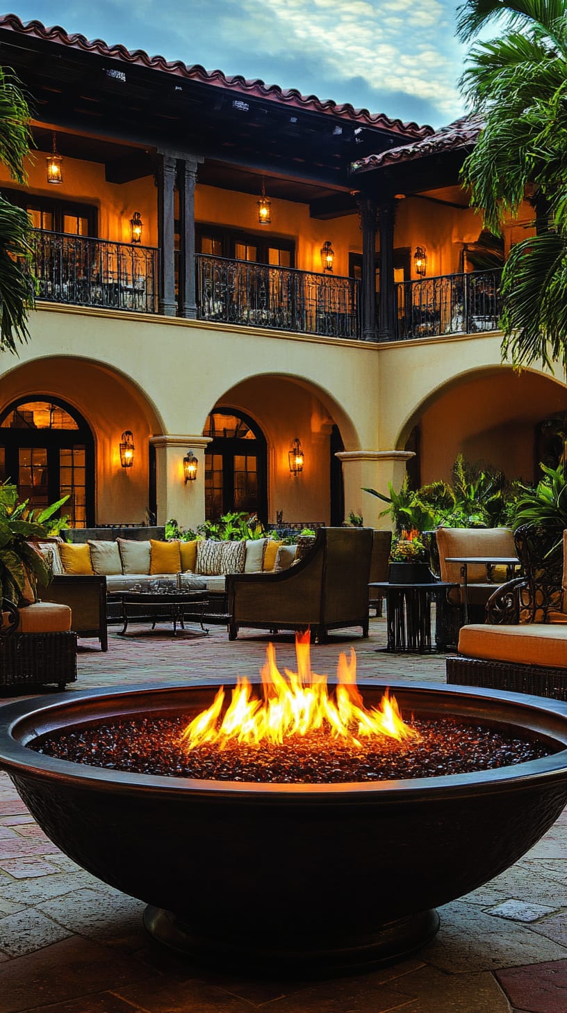 A cozy outdoor courtyard featuring a large fire pit surrounded by comfortable seating and lush greenery, with Spanish-style architecture creating an inviting atmosphere.