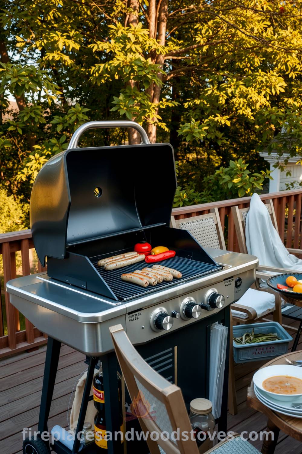 A barbecue on a spacious wooden deck with sizzling sausages and colorful vegetables, surrounded by mismatched plates, lush green trees, and a warm afternoon glow, offering cozy design ideas for your home. Visit fireplacesandwoodstoves.com for inspiring decor inspirations.