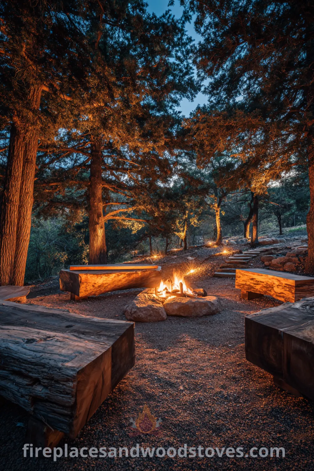 Outdoor rustic fire pit with timber log seating, natural landscape backdrop, and warm fire glow creating a cozy atmosphere.