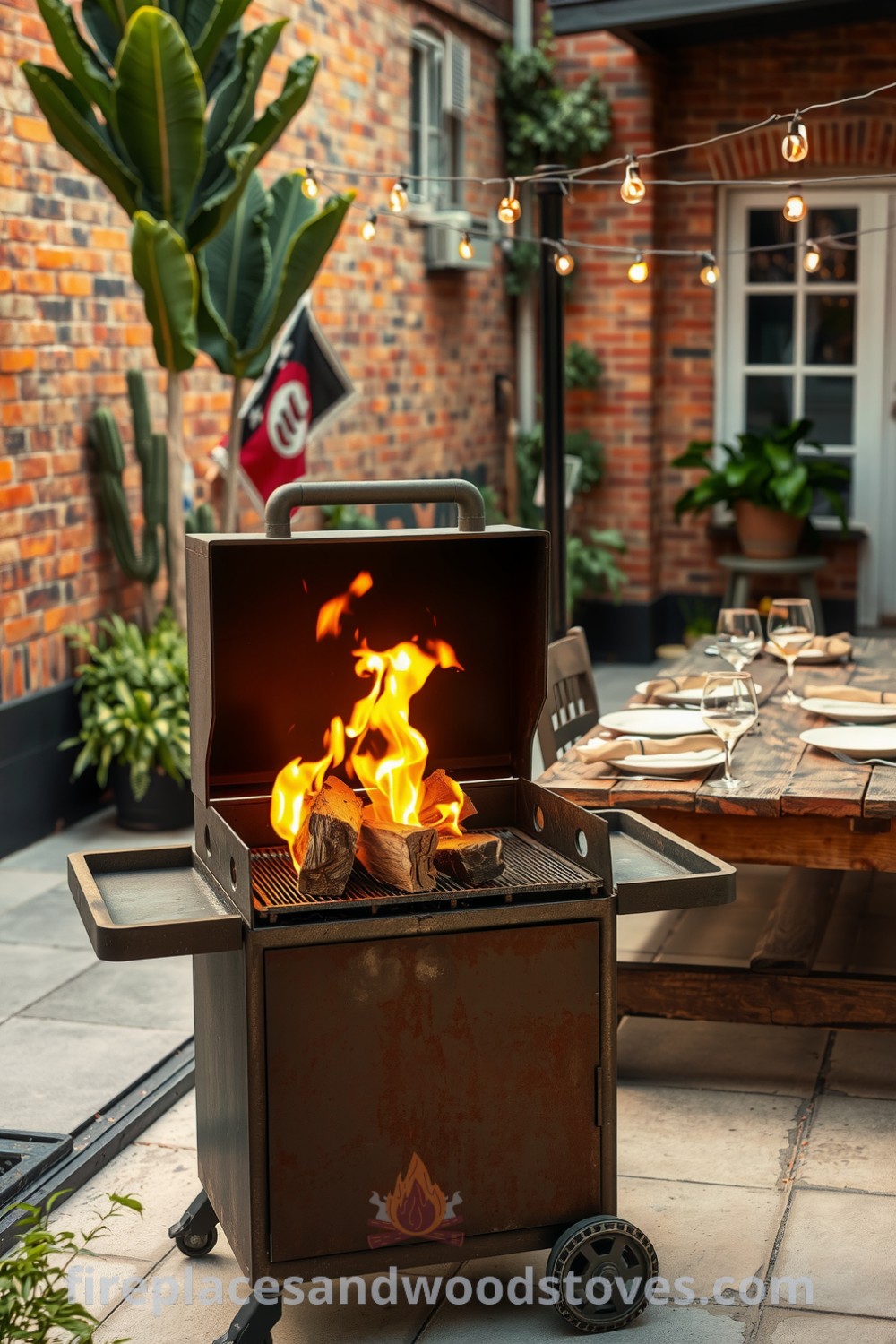 Weathered industrial steel outdoor barbecue on a concrete patio surrounded by an urban backdrop, featuring flickering flames, a rustic wooden picnic table with mismatched plates and glasses, and twinkling fairy lights overhead, creating cozy and inviting decor ideas for your home. Visit fireplacesandwoodstoves.com for more inspirations.