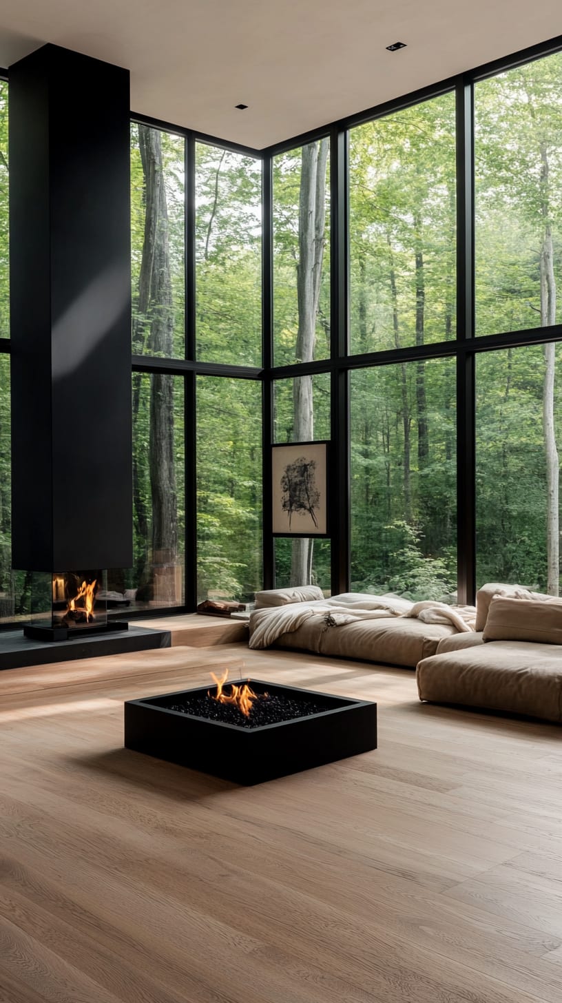 A minimalist modern living room with large windows, black walls, a fireplace, and plush beige cushions, surrounded by a serene forest view.
