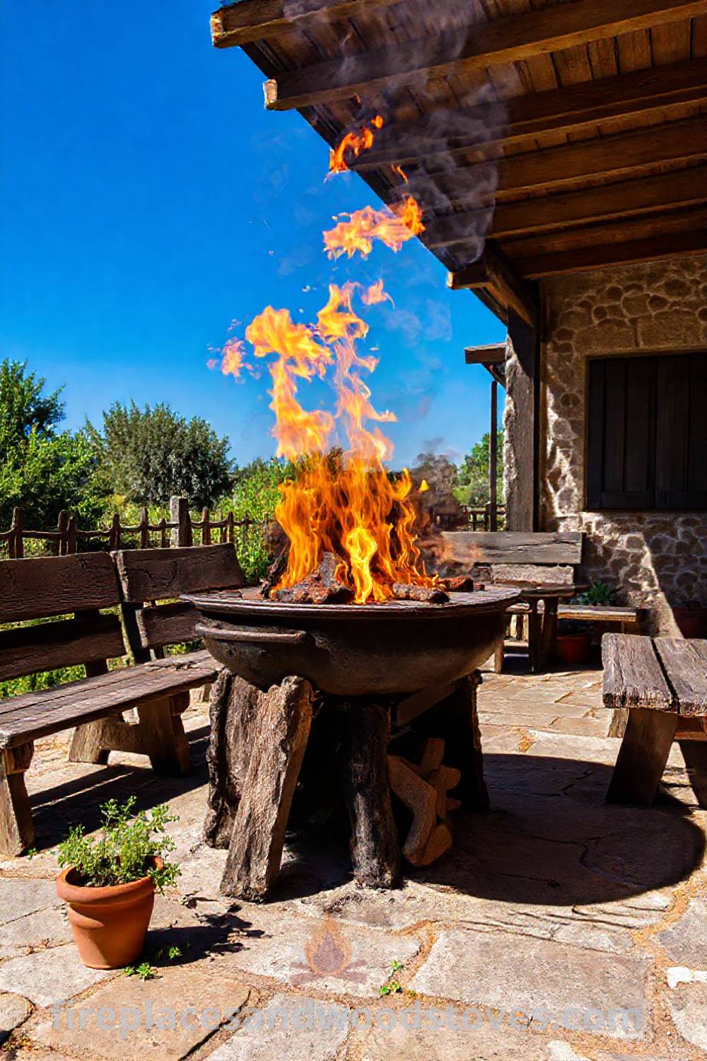 Wood-fired barbecue on a stone patio with a glistening steel grill, surrounded by mismatched wooden benches and terracotta pots of herbs, creating a cozy outdoor cooking space perfect for gatherings. Visit patioandhomefurniture.com for stylish designs transforming your backyard with ideas you’ll love.