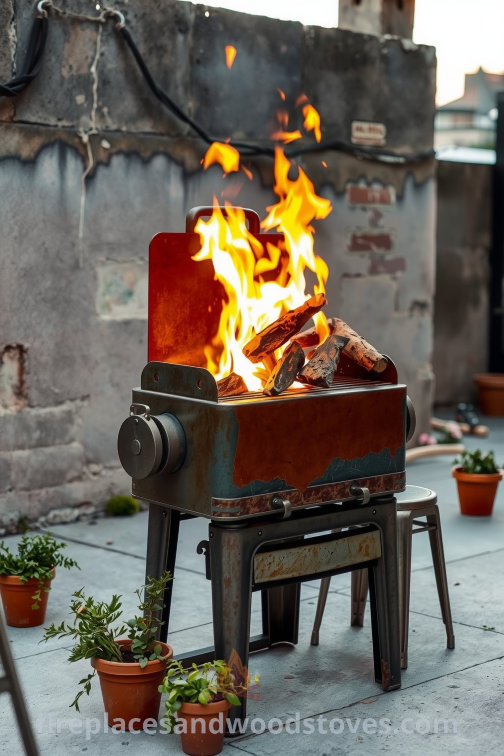 Weathered industrial steel barbecue on a concrete patio with flames from a wood-fired pit, mismatched metal stools, and terracotta pots with herbs, creating a cozy atmosphere perfect for outdoor gatherings. Visit fireplacesandwoodstoves.com for unique decor ideas.