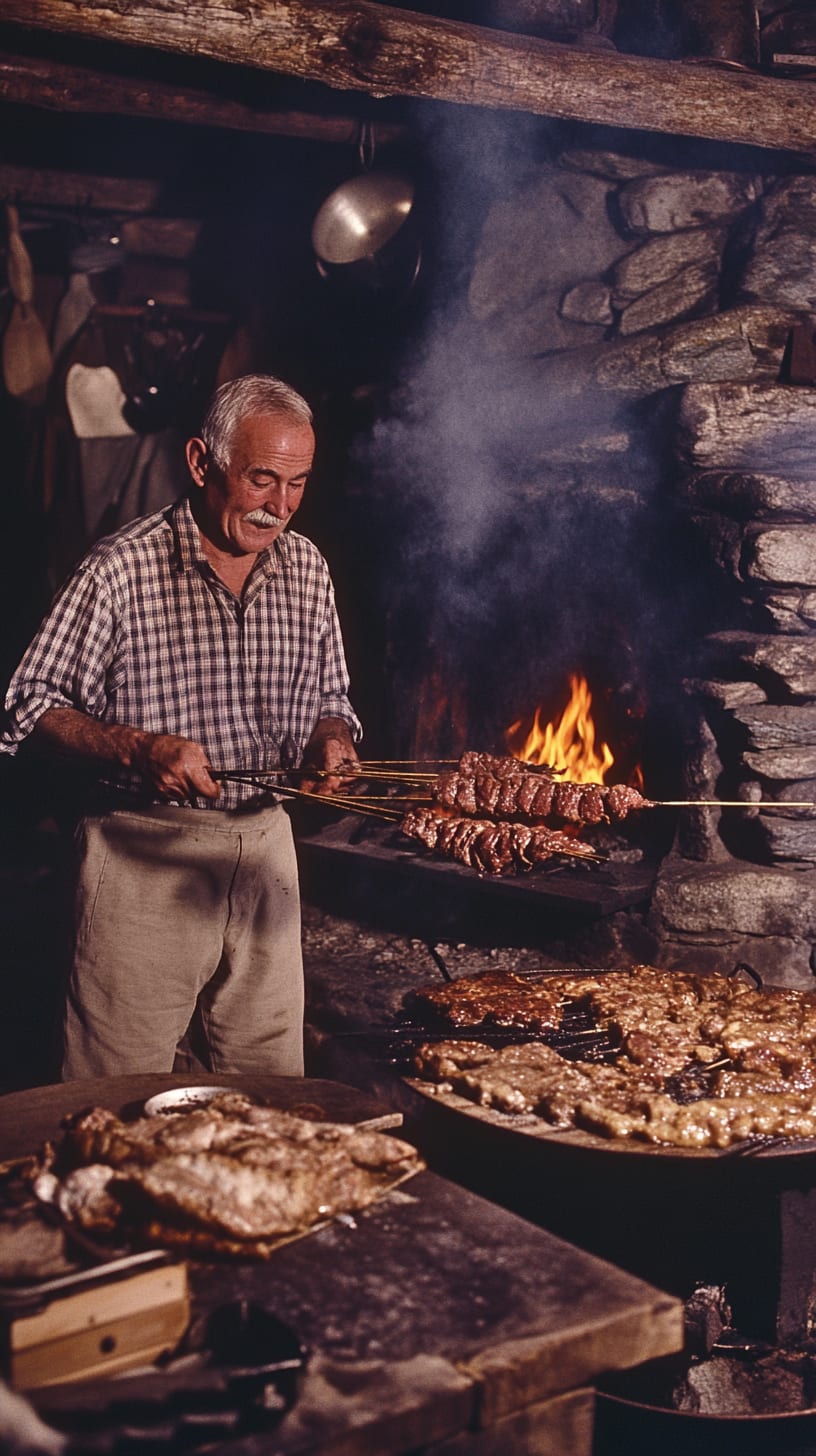 An elderly man grilling lamb kebabs and fresh oysters over an open fire in a rustic kitchen with stone walls and wooden tables.