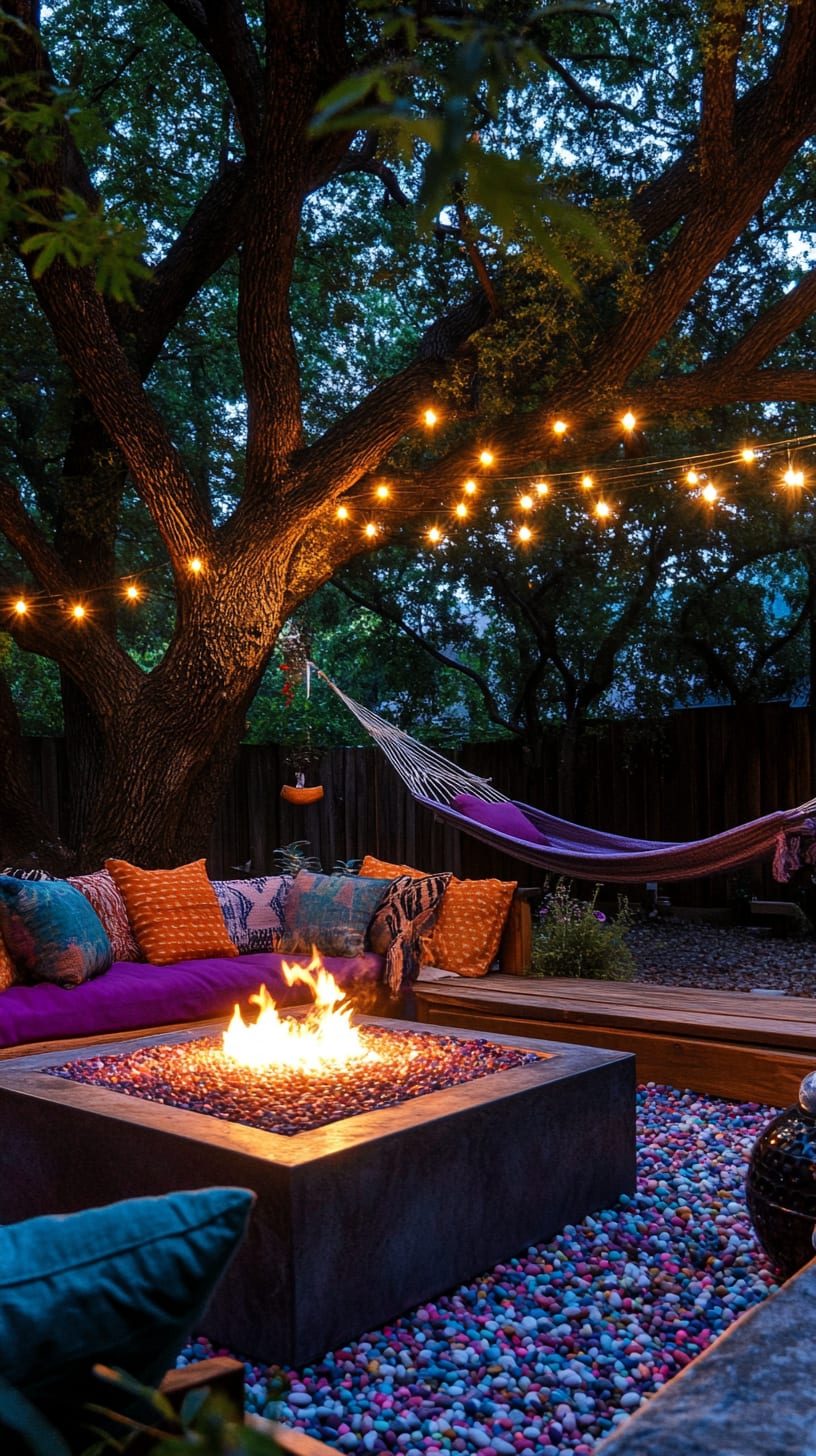 A backyard scene featuring a large tree with lights, colorful cushions around a fire pit, and a hammock, creating a cozy and inviting atmosphere for nighttime gatherings.