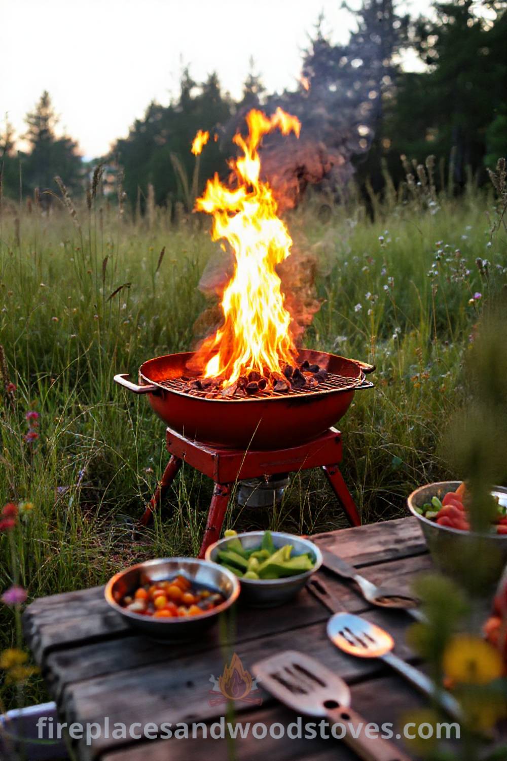 Sturdy camping barbecue surrounded by tall grass and wildflowers, with warm flames and a rustic picnic table adorned with bowls of marinated vegetables, creating a cozy and inviting outdoor atmosphere. Visit patioandhomefurniture.com for stylish ideas that will wow your guests.