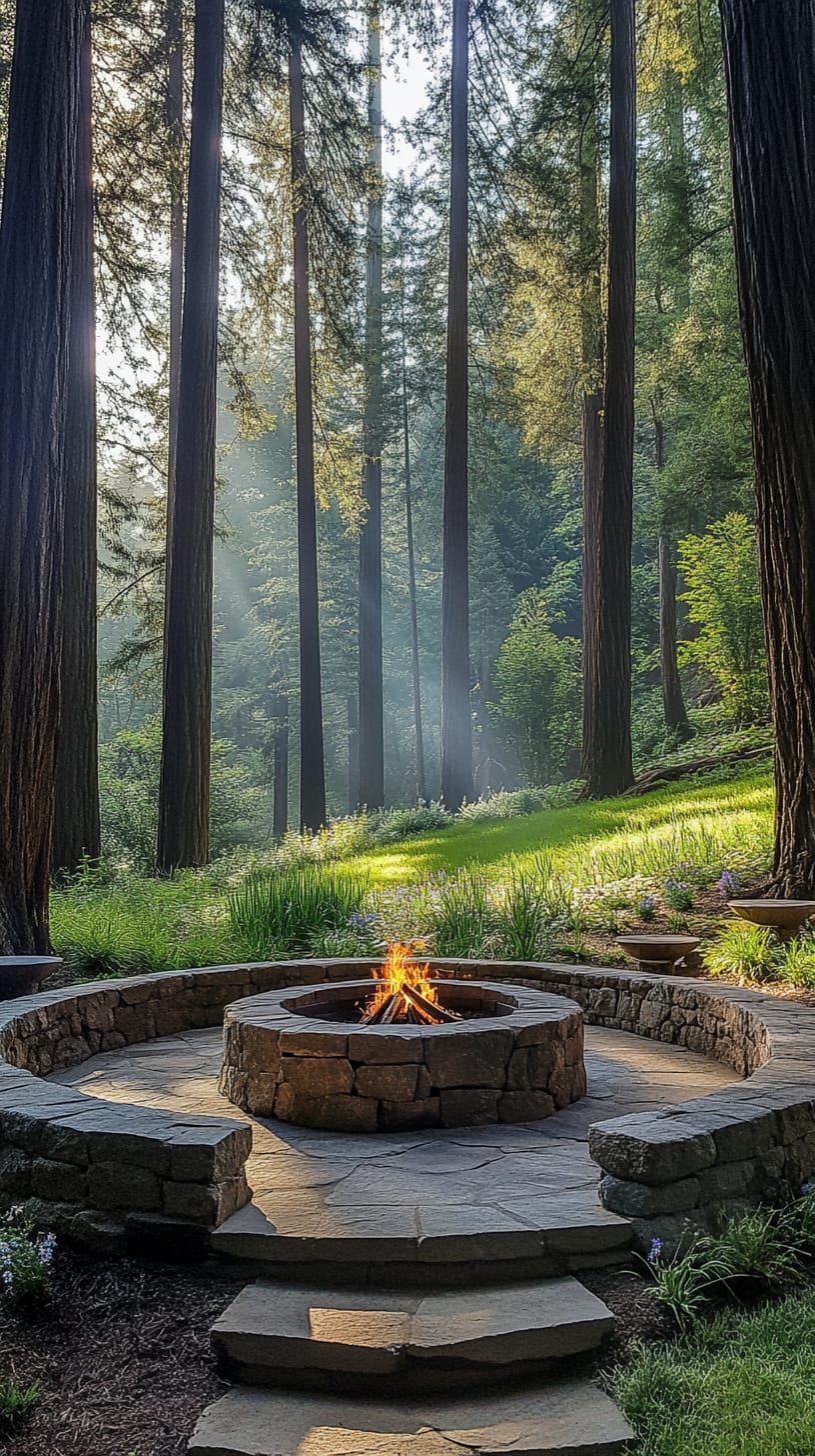 A circular fire pit surrounded by stone steps in a forest clearing, with tall redwood trees and wildflowers, inviting social gatherings and relaxation by the fire.