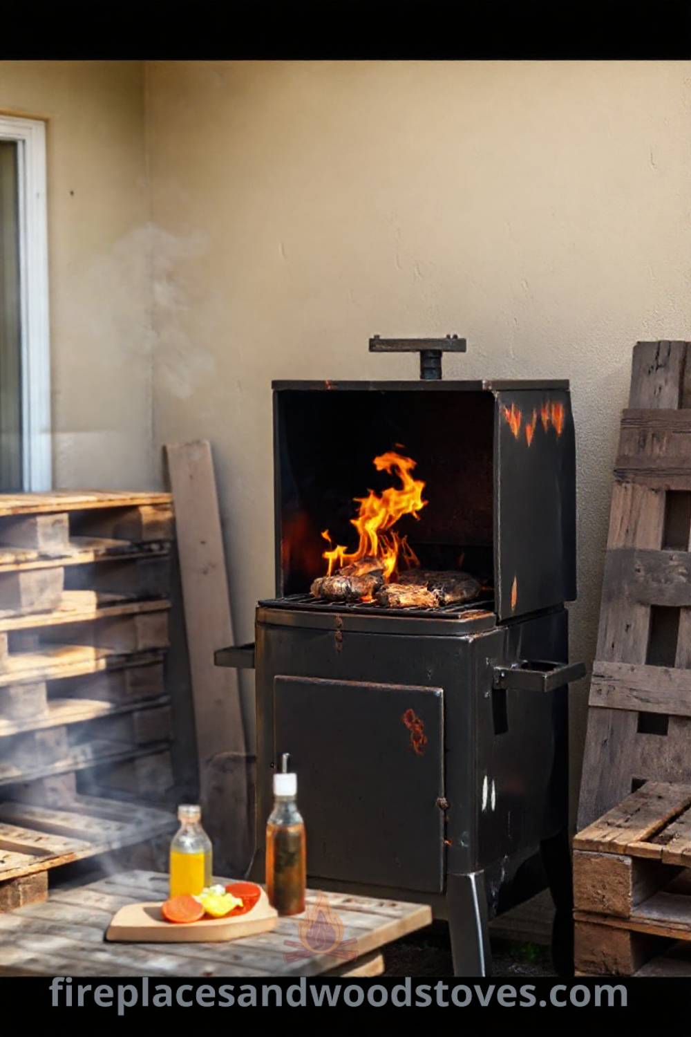 Sturdy black barbecue smoker nestled in a sun-drenched backyard surrounded by rustic wooden pallets, emitting the inviting aroma of grilled meat, perfect for cozy gatherings. Visit patioandhomefurniture.com for inspiring outdoor design ideas that will wow your guests.