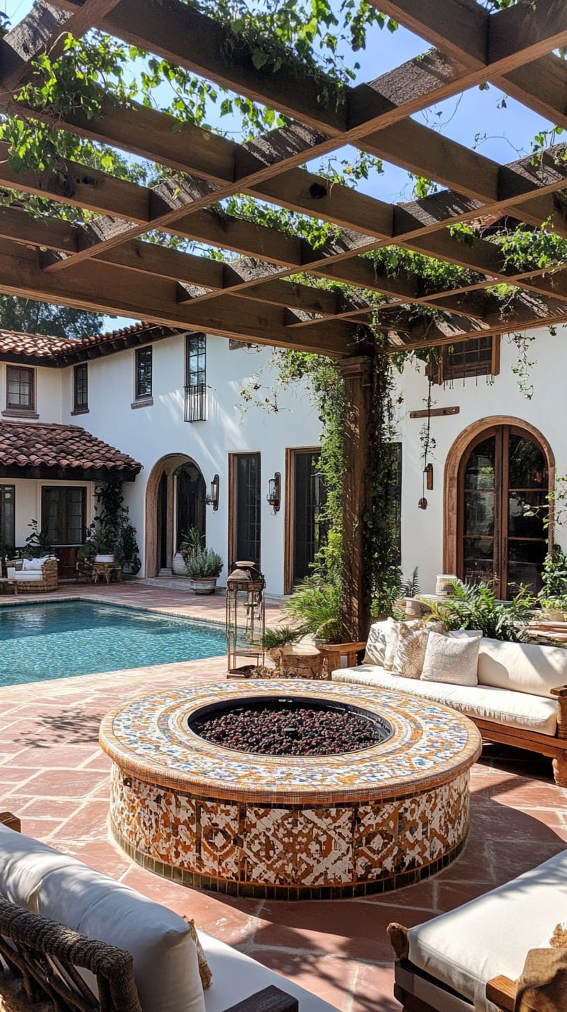 A Spanish-style home with white walls and a terracotta roof, featuring a central outdoor fire pit, lush landscaping, and a pool in the background.