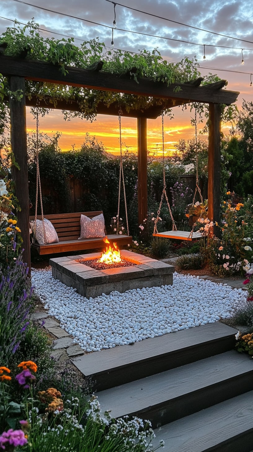A serene garden scene with a fire pit, white pebbles, and a seating area adorned with flowers and string lights, set against a beautiful sunset.
