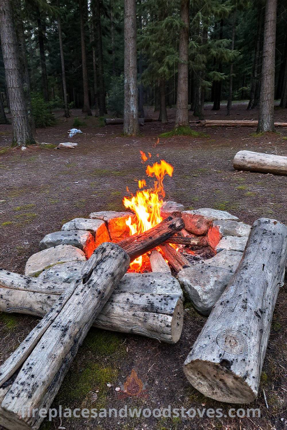 Rugged stone camping fire pit in a pine clearing, with weathered logs for seating and a cozy ambiance, creating an inviting outdoor space perfect for gatherings and storytelling. Visit patioandhomefurniture.com for incredible ideas that will wow your guests.