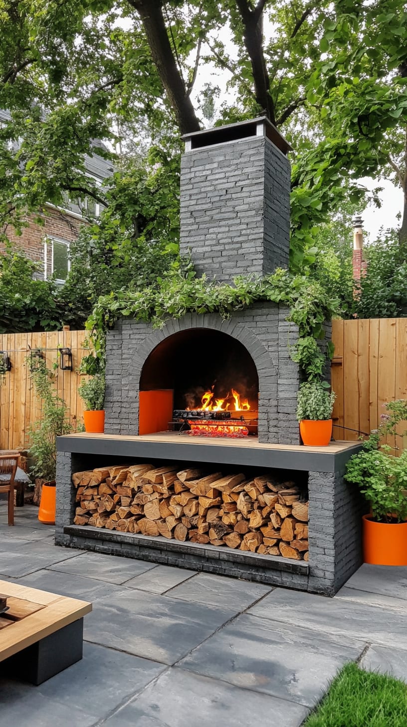 An outdoor pizza oven made of grey stone in a lush backyard, surrounded by greenery and orange planters, with a wooden fence and a relaxed seating area.