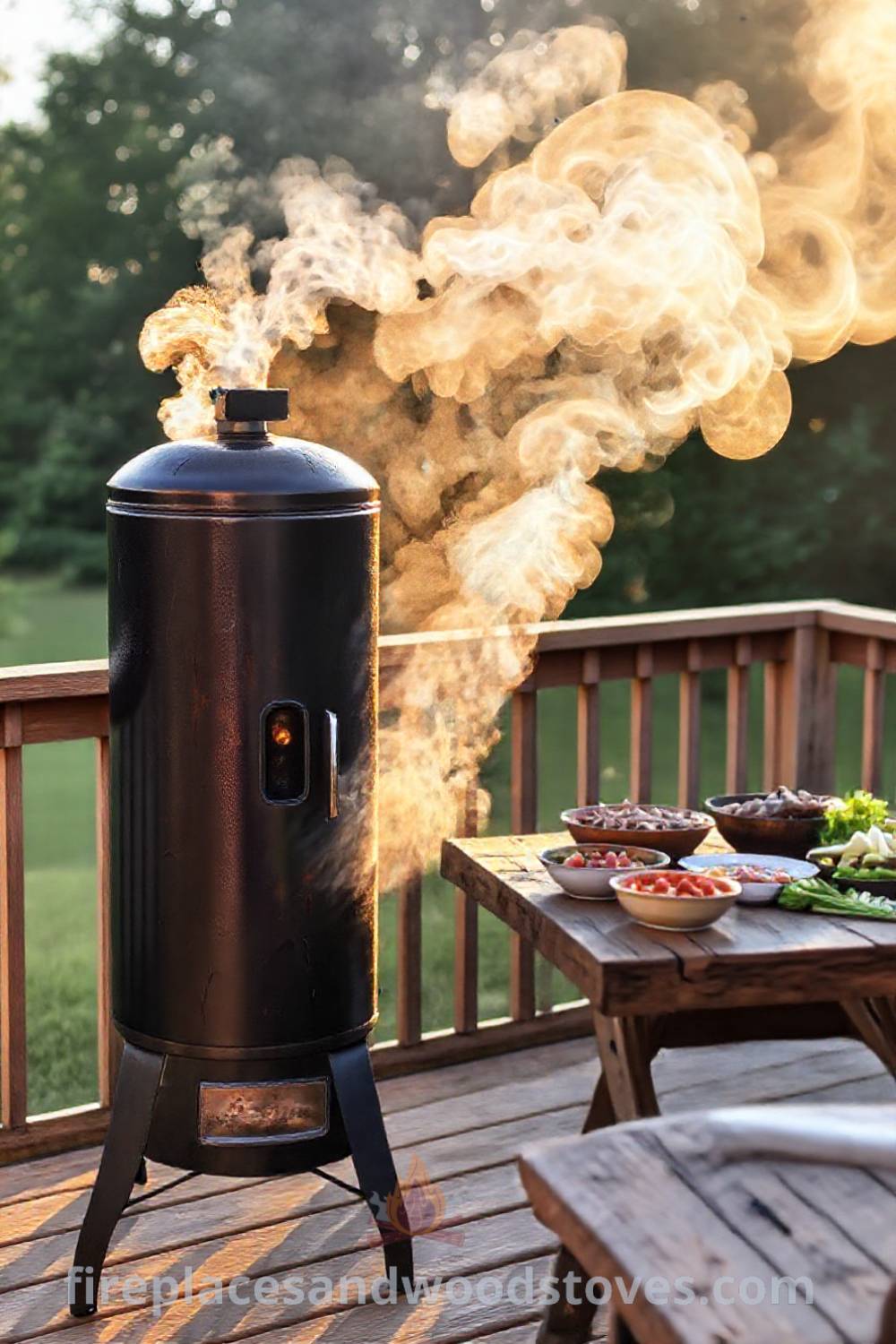 Vertical smoker barbecue on a wooden deck with billowing smoke, marinated meats, and fresh vegetables creating a cozy and inviting summer cookout atmosphere, perfect for outdoor gatherings. Visit patioandhomefurniture.com for stylish designs transforming your backyard.