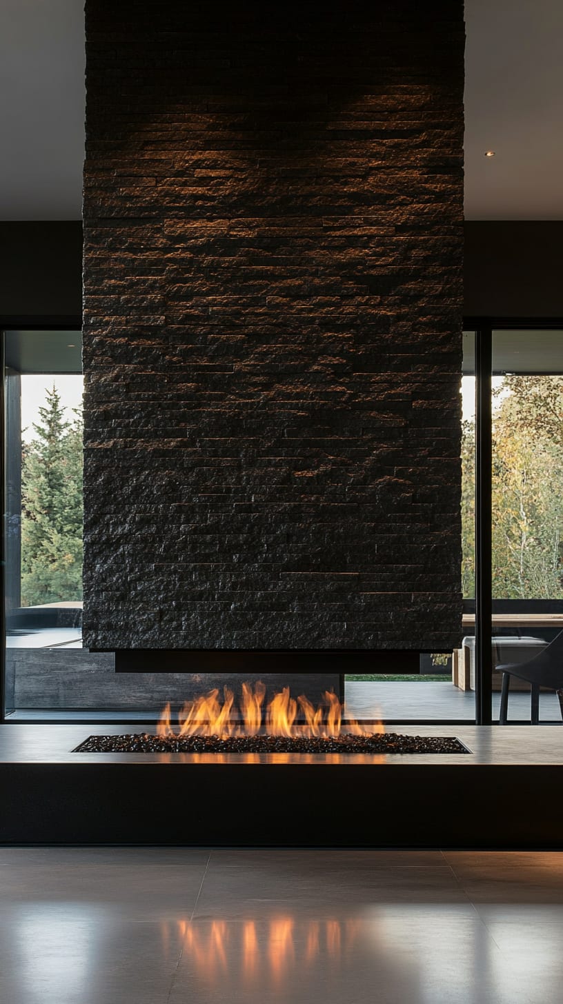 A modern black stone fireplace with a fire burning inside, surrounded by floor-to-ceiling glass windows and a sleek interior design.