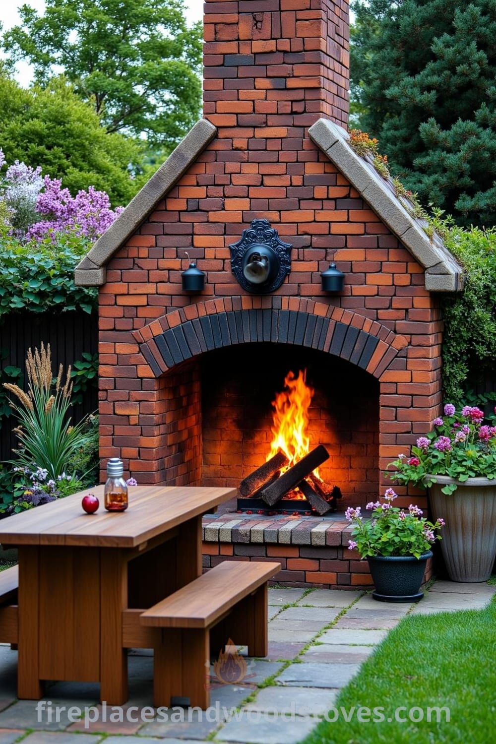 Tudor brick outdoor fireplace in a quaint garden setting, showcasing uneven bricks, orange flickering flames, a wooden picnic table nearby, and a warm ambiance complemented by blooming flowers and a stone path, providing cozy ideas for your home at fireplacesandwoodstoves.com.