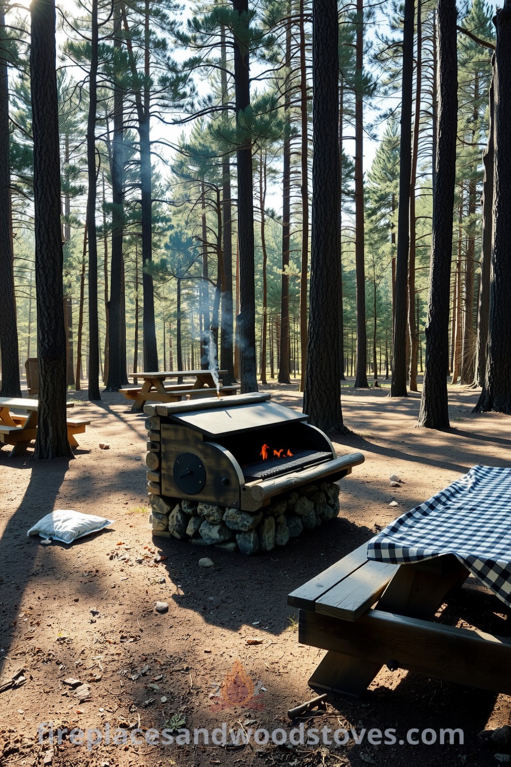 Rustic log-built barbecue in a sun-dappled forest clearing with flickering flames, a weathered picnic table dressed in a checkered cloth, and towering trees nearby, inspiring cozy outdoor ideas for gatherings found at fireplacesandwoodstoves.com.