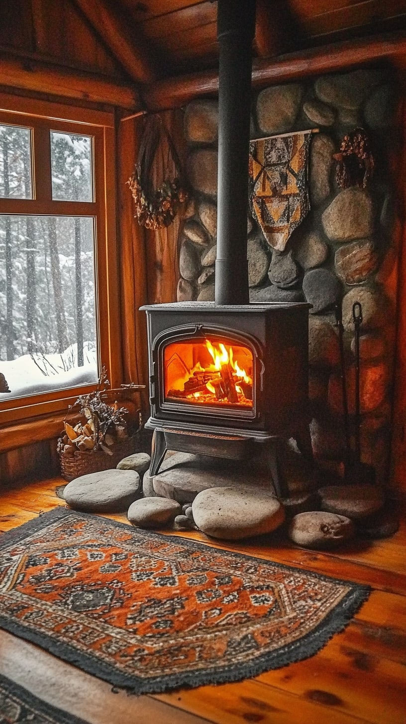 A rustic cabin interior featuring a wood stove with an orange fire, decorative stones around it, a patterned rug on the floor, and a window showcasing a snowy forest outside.