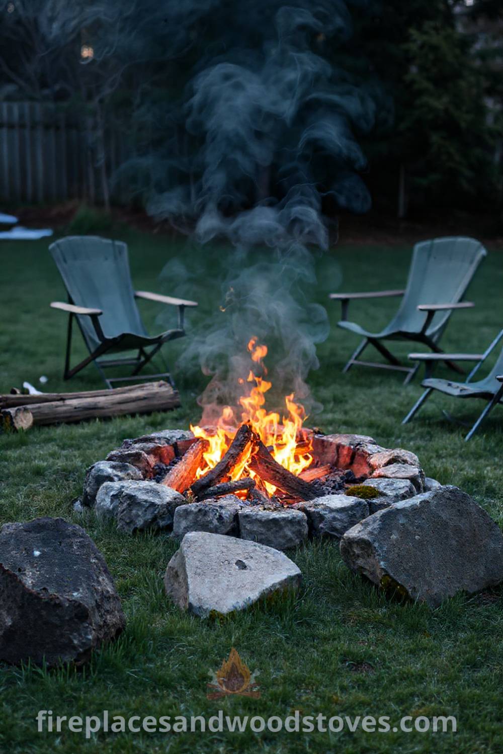 Cozy outdoor fire pit setup featuring a charcoal fire pit, scattered logs, weathered chairs, and moss-covered stones in a grassy backyard, ideal for creating warm gatherings. Visit patioandhomefurniture.com for incredible outdoor design inspiration.