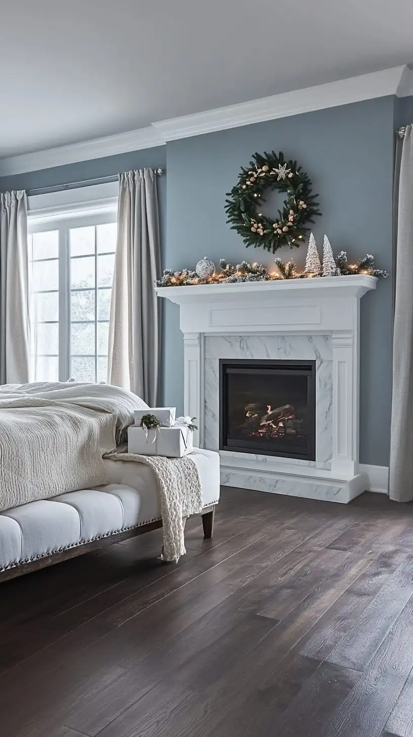 A cozy farmhouse bedroom decorated for Christmas, featuring light blue walls, a white marble fireplace with a wreath, and a warm, inviting atmosphere.