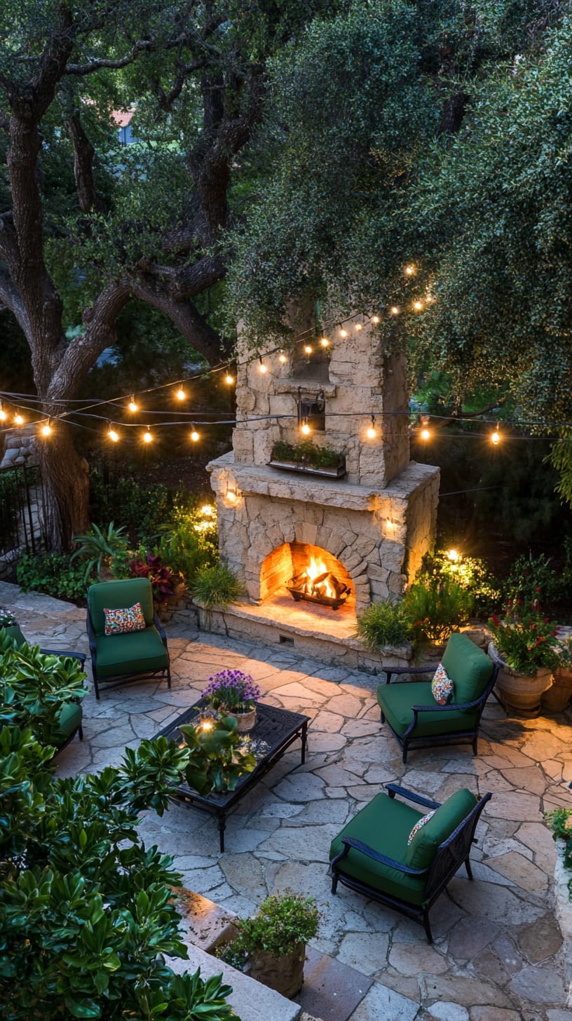 An outdoor fireplace surrounded by green chairs and string lights, creating a cozy atmosphere in a lush garden setting during the evening.
