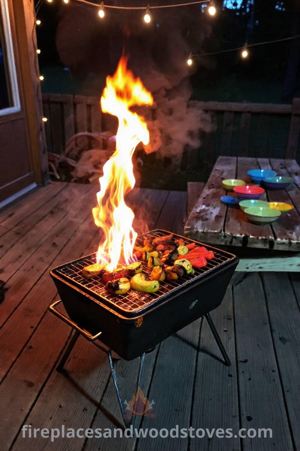 Portable barbecue grill on a wooden deck with flames cooking marinated vegetables, a picnic table with colorful bowls, and string lights creating a cozy outdoor atmosphere for gatherings. Visit patioandhomefurniture.com for stylish outdoor ideas you