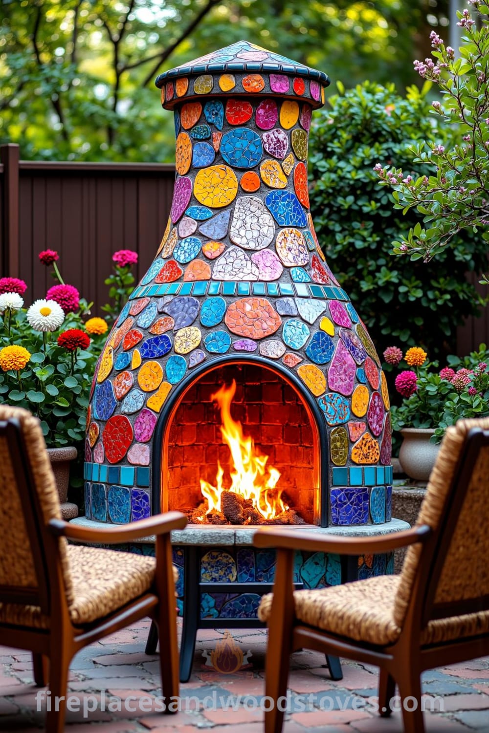 Colorful Bohemian mosaic firepit in a vibrant backyard surrounded by mismatched chairs and blooming flowers, creating a cozy atmosphere for gatherings, showcasing unique decor ideas and inspirations. Visit fireplacesandwoodstoves.com for more inspiring ideas for your home.