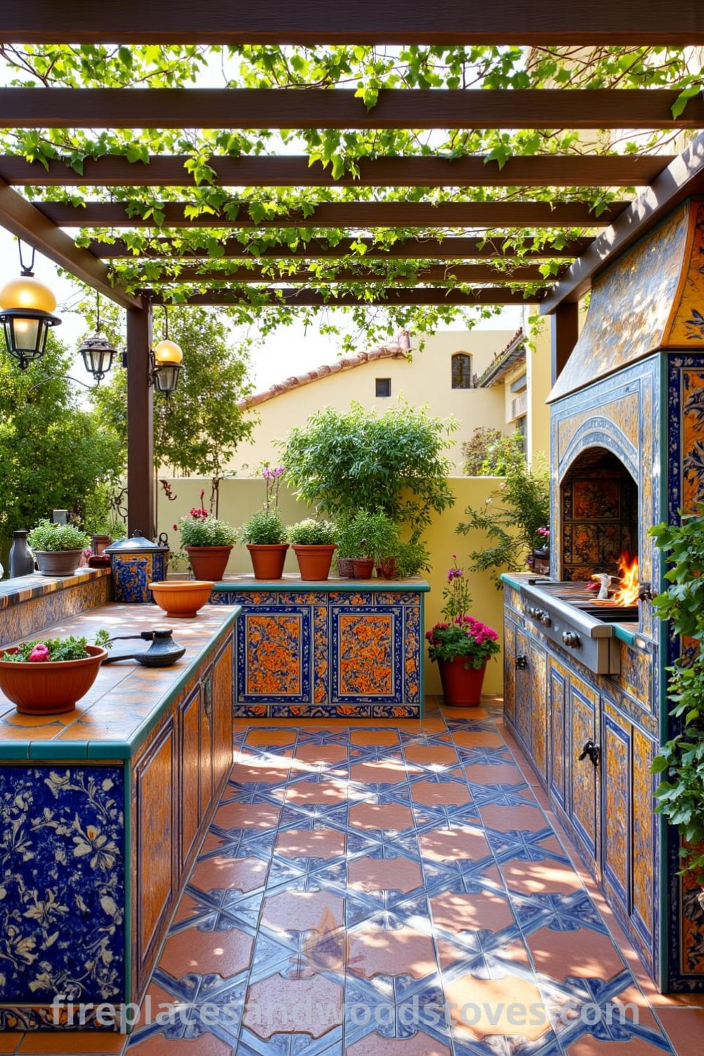 Brightly colored Mediterranean tile outdoor barbecues on a sun-drenched patio, surrounded by potted herbs and cheerful flowers, creating a cozy, inviting atmosphere ideal for gatherings. Visit fireplacesandwoodstoves.com for unique design ideas and inspirations for your home.
