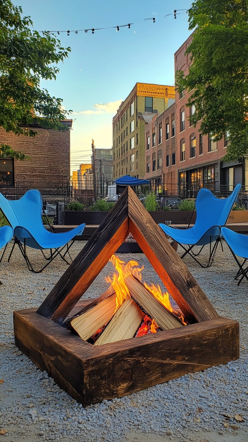 A triangular fire pit with blue chairs arranged around it, set in an urban outdoor space on the streets of St. Louis, surrounded by buildings and trees.
