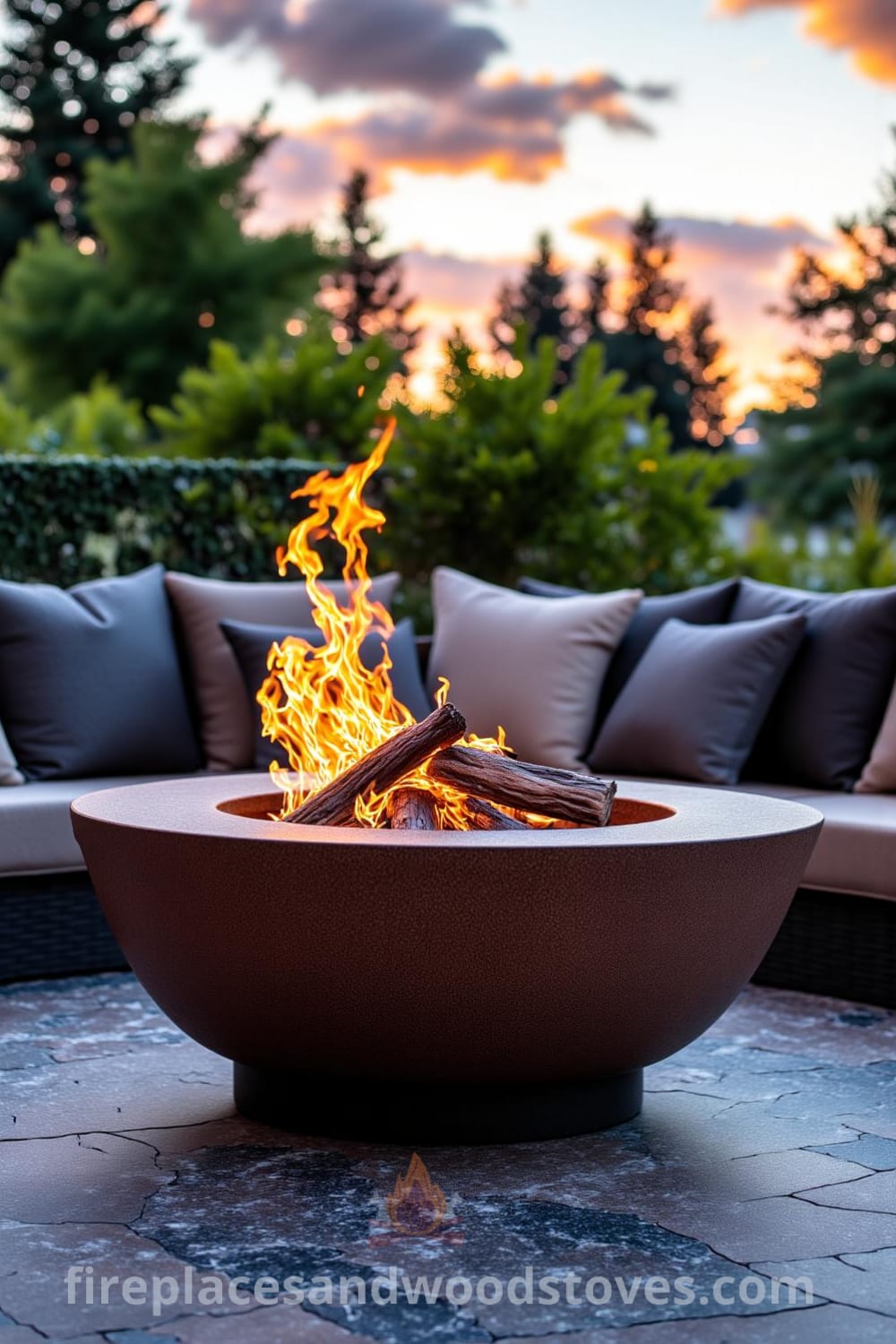 Art Deco fire pit on a stone patio showcasing geometric design with flickering flames, surrounded by plush outdoor cushions, creating a cozy atmosphere for gatherings and inspiring decor ideas for your home at fireplacesandwoodstoves.com.