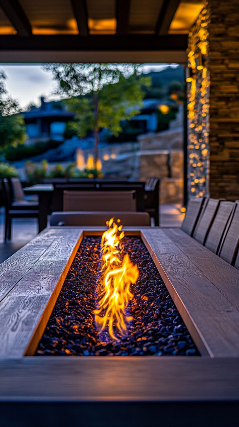 A long rectangular fire pit with flames in the center of an outdoor dining table, set against a backdrop of a luxurious home in a mountainous area at night.