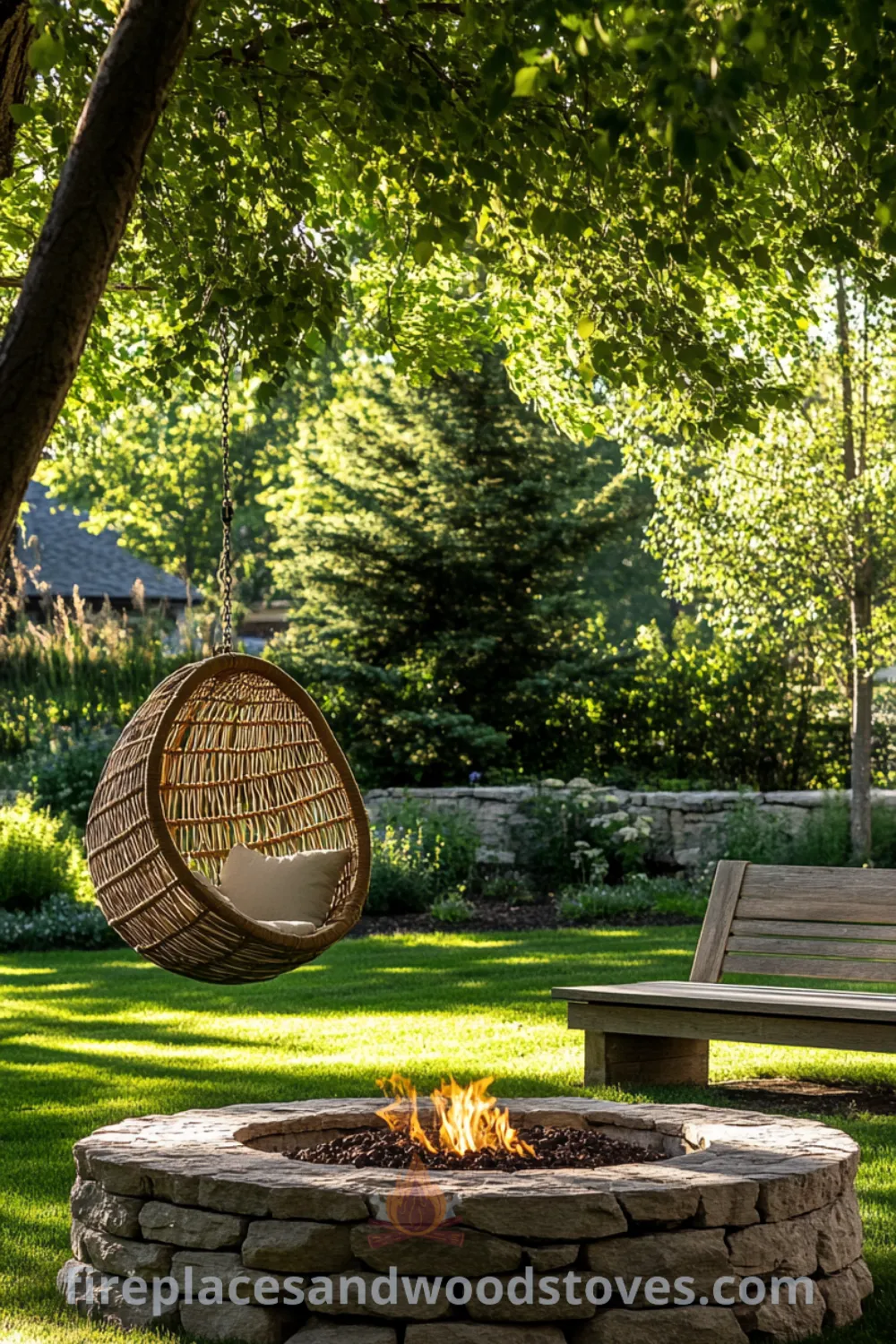Backyard fire pit area on fireplacesandwoodstoves.com, featuring cozy seating, outdoor decor inspirations, and unique ideas for a creative backyard layout with fire pit seating and cozy backyard enhancements.