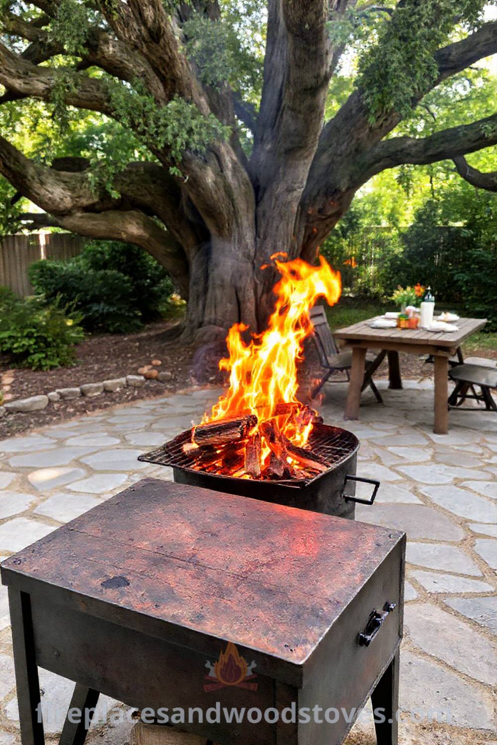 Rustic wood-fired barbecue on a stone patio with glowing flames and a nearby wooden table set for summer gatherings, creating a cozy and stylish outdoor dining experience. Visit patioandhomefurniture.com for incredible ideas transforming your backyard.