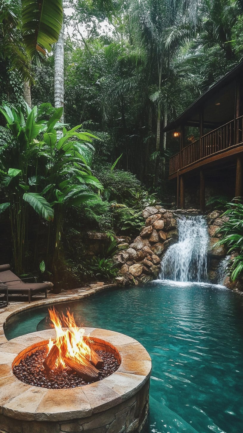 A cozy fire pit surrounded by a pool with a waterfall in a tropical jungle, adjacent to a rustic wooden house.