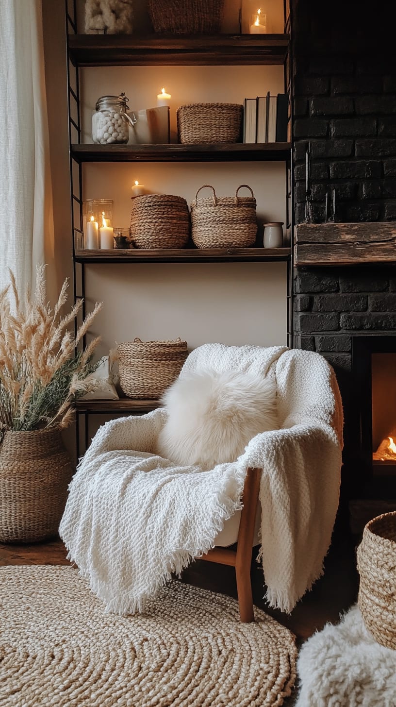 A cozy reading nook featuring a plush white throw blanket, wicker baskets on shelves, and burning candles around a dark brick fireplace, adorned with potted plants for a warm atmosphere.