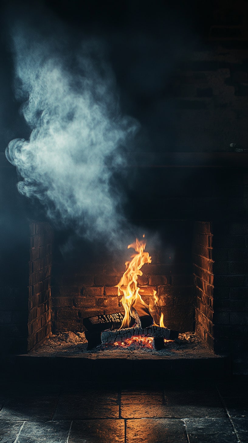 An old fireplace with smoke rising, set in a dark room, creating a cozy and inviting atmosphere.