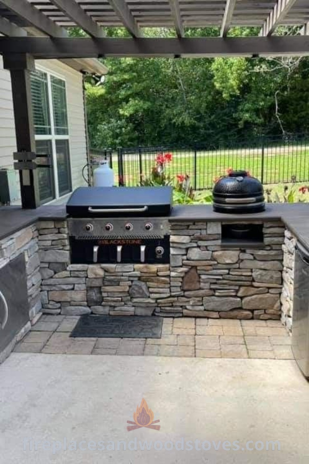 An outdoor kitchen featuring a grill and television on the wall, perfect for entertaining guests and enhancing patio design ideas. Create a stylish space with outdoor kitchen plans and BBQ options that everyone will love. Discover more at patioandhomefurniture.com.
