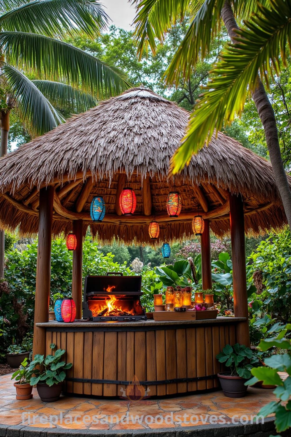 Tropical tiki barbecue under a palm-thatched roof, surrounded by lush island greenery and colorful lanterns, featuring a cozy fire pit with flickering flames, creating an inviting atmosphere perfect for gatherings, showcasing unique decor ideas for your home at fireplacesandwoodstoves.com.