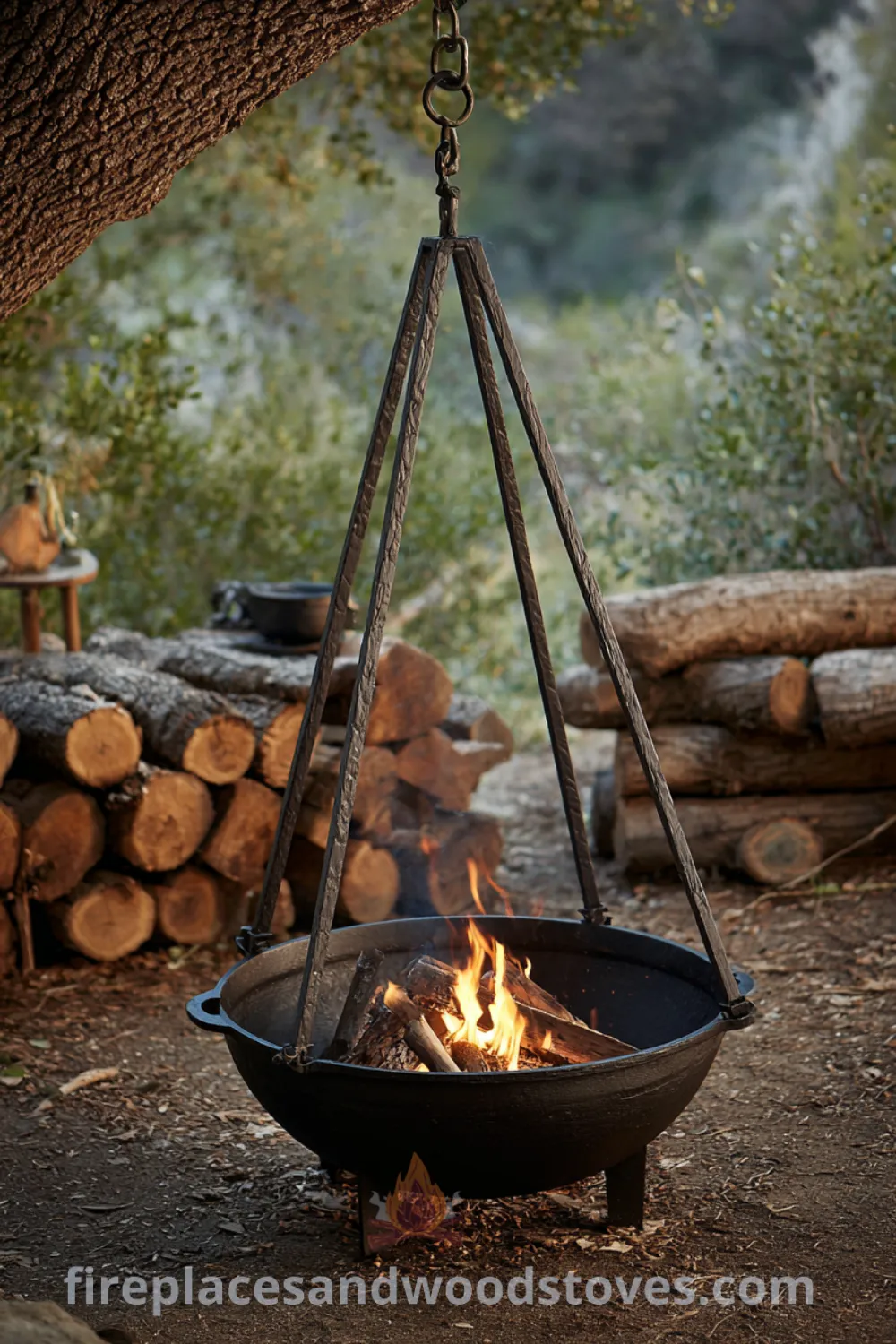 Lodge-style rustic fire pit in a forest clearing with timber log seating, cast iron fire bowl, and warm fire glow.