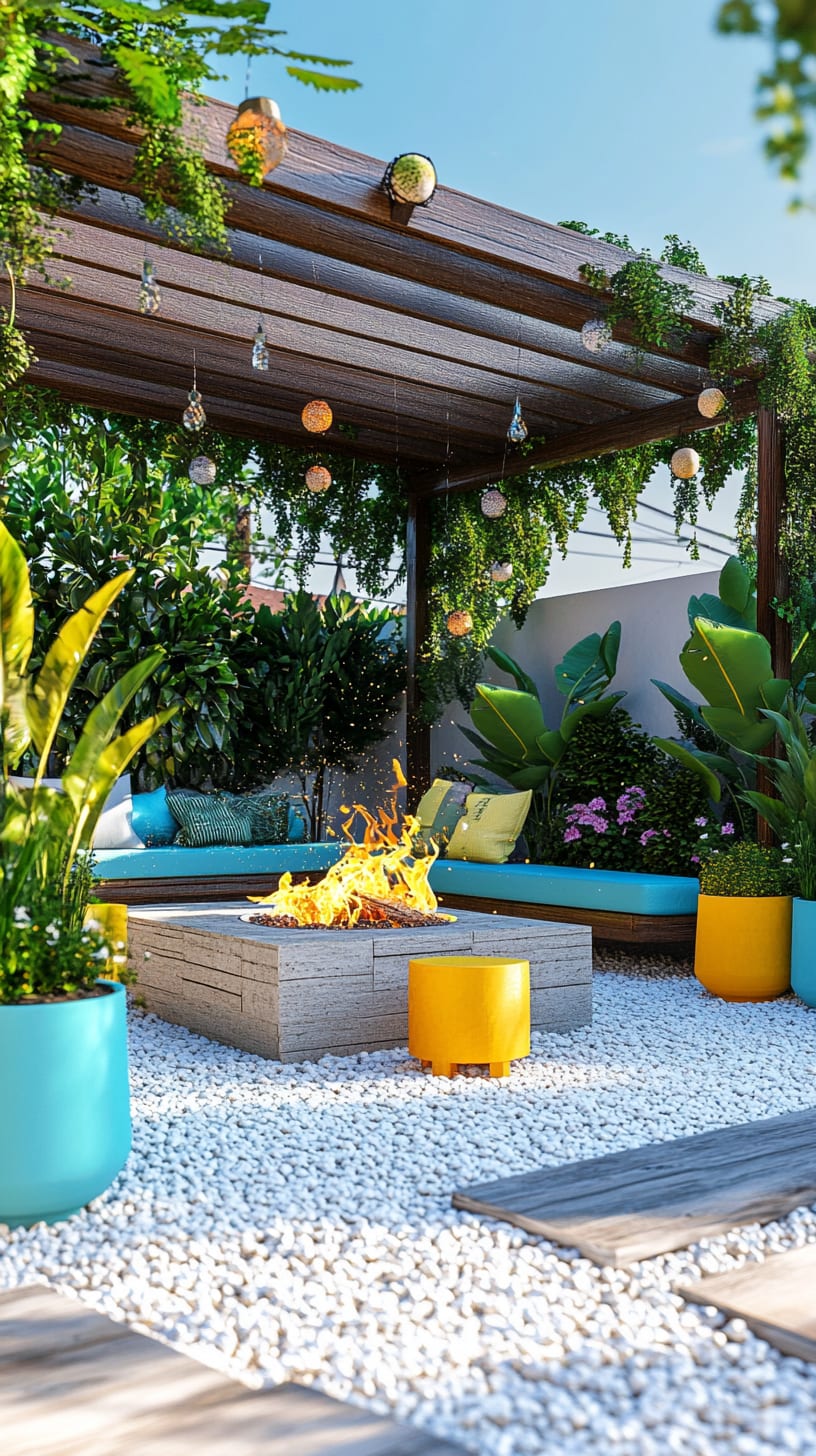 A cozy outdoor setting with a fire pit surrounded by white pebbles, blue cushions, yellow planters, and green plants, complemented by hanging lights in a bright, sunny ambiance.