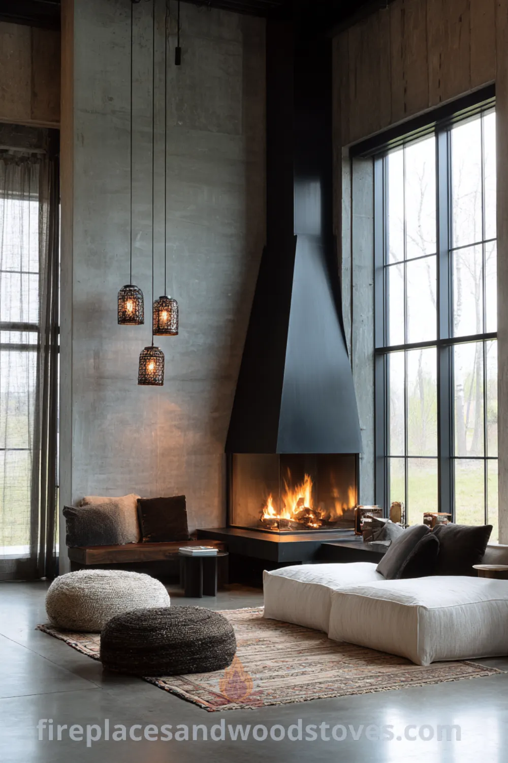 Industrial Scandinavian fireplace suspended with sleek black steel hood and polished concrete walls in cozy living space, featuring textured rugs and plush seating.